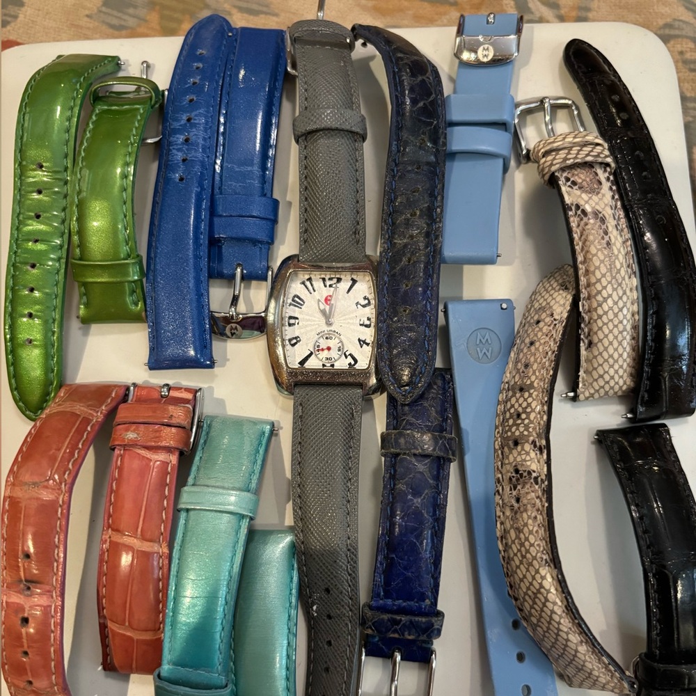Woman’s Michele Watch with nine watch bands. All are Michele brand.